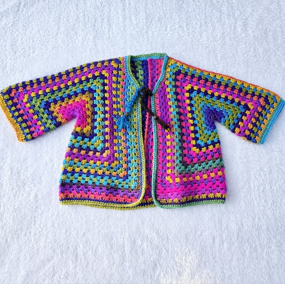 NEW Hexagon Rainbow Granny Cardigan Open Front Handmade Crocheted Size 5-7